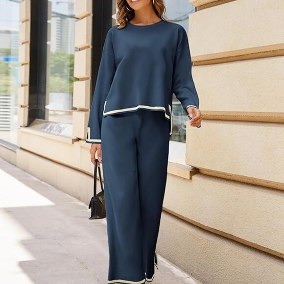 Women's Navy Long Sleeve Knit Sweater Top & Wide Leg Pants Lounge Set - Picture 3 of 6